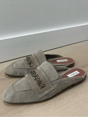 MaxMara Taupe Suede Embellished Mule Loafers